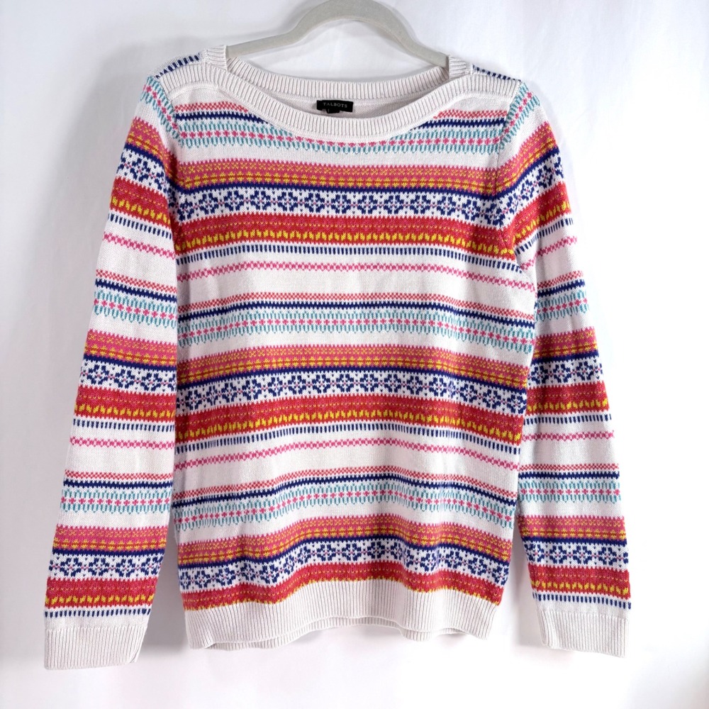 Talbots Sweater Multicolor Fair Isle Stripe Crew Neck Long Sleeve Knit Top